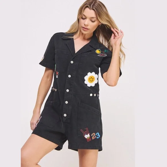 Jade by Jane Black Patch Button Up Romper Jumpsuit - NWT - Picture 2 of 11